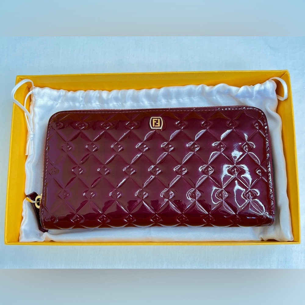 Fendi Patent Leather Zip Around Continental Wallet, Bordeaux